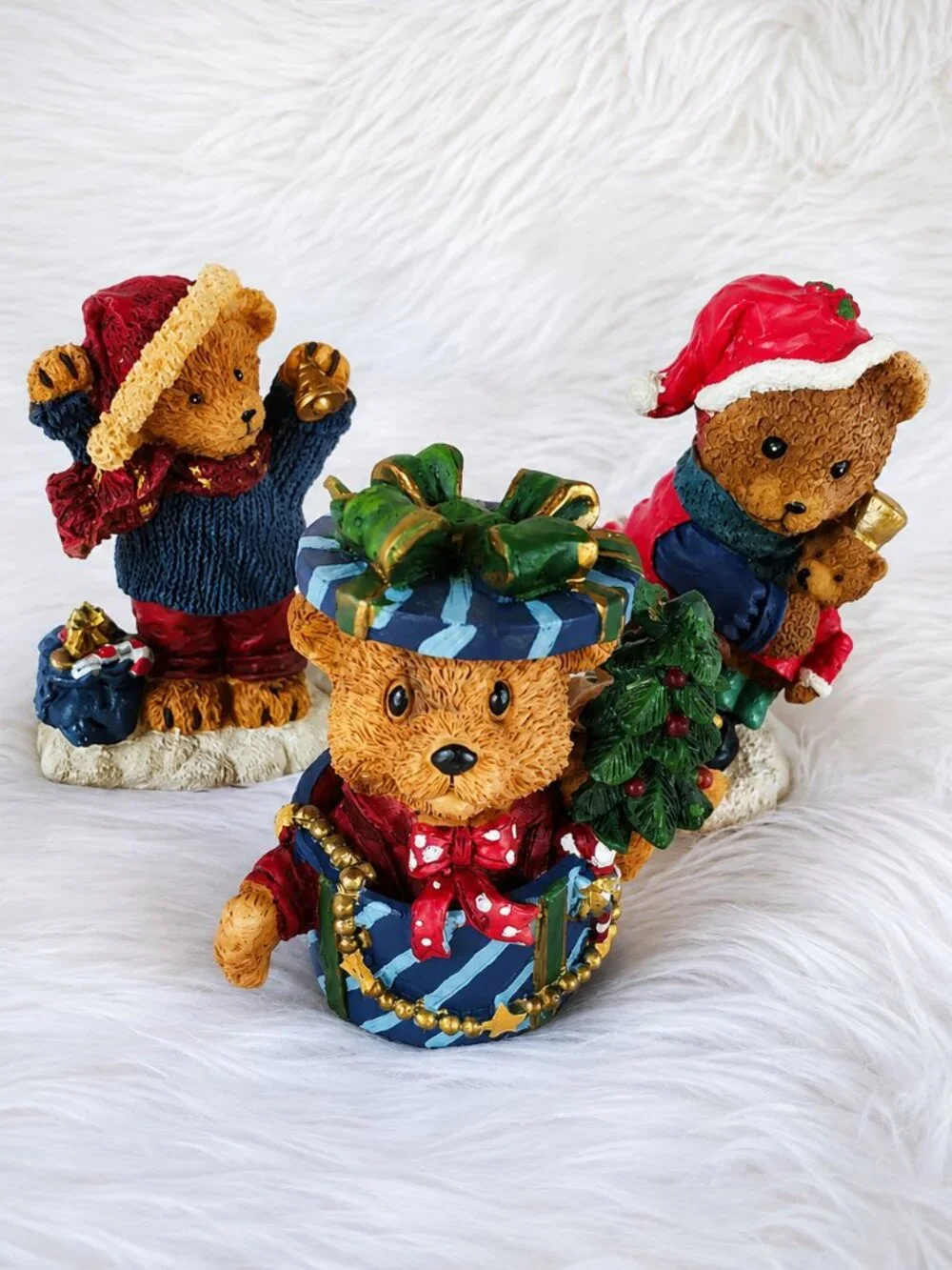 Lot of 3 Christmas Miniature Teddy Bear Textured Figurines Decor